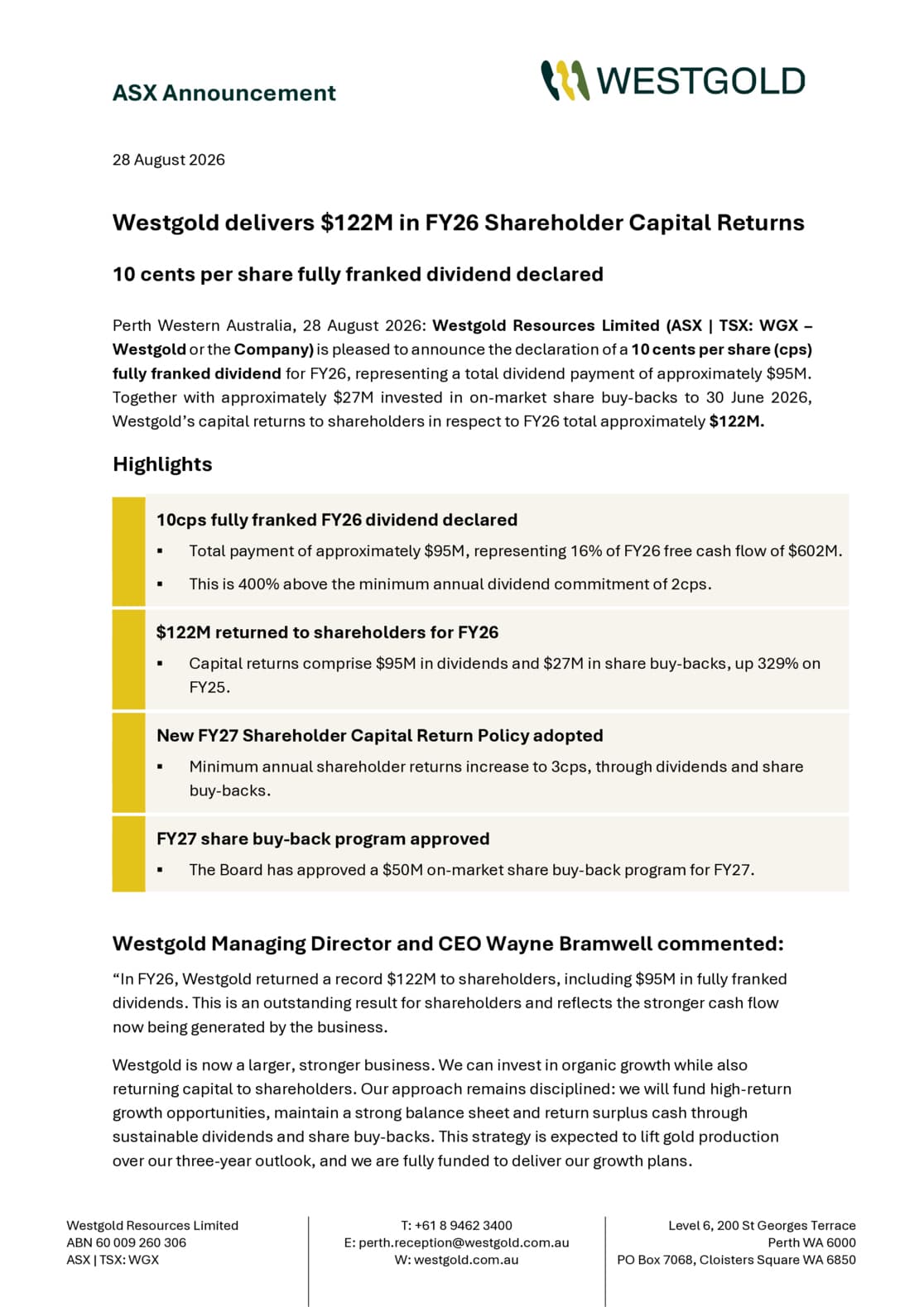 Westgold Delivers $122M in FY26 Shareholder Capital Returns